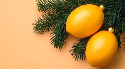 Christmas Lemons Ornaments on Fir Branches Festive Background