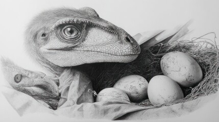 Detailed pencil drawing of a baby dinosaur and eggs