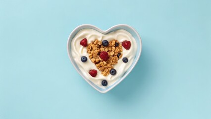 Heart-shaped bowl of yogurt topped with granola, blueberries, and raspberries on a light blue background.