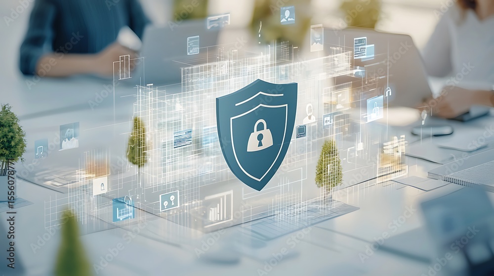 Poster digital security and data protection concept with shield symbol and virtual elements in modern offic