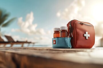 First Aid Kit with Medications on Table by Beach during Sunset in Tropical Location with Relaxing Vibe