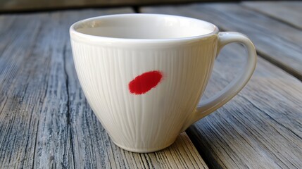 White Ceramic Coffee Cup with Red Stain on Wooden Table