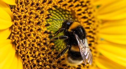 Bumblebee Pollinating Sunflower: Close-Up of Fuzzy Insect and Vibrant Yellow Petals