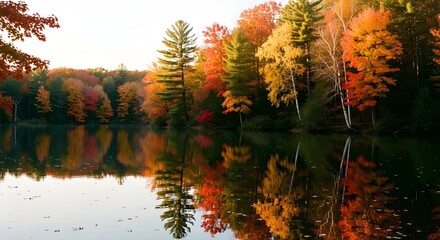 Serene Autumn Reflection: Vibrant Fall Foliage Mirrored in Still Waters