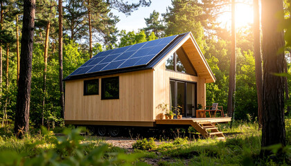 Modern wooden cabin featuring solar panels nestled within a tranquil forest setting on a sunny day.
