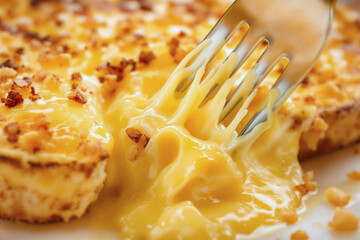 Macro shot of a fork cutting into molten Welsh Rarebit.