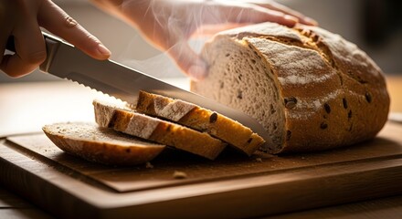 Slicing Freshly Baked Seeded Bread on Wooden Board with Steam