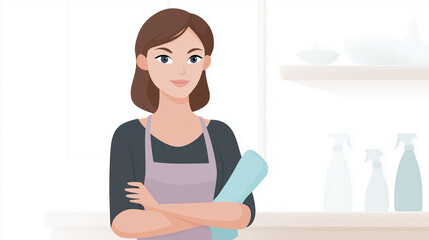 Female character in an apron stands confidently with arms crossed, holding a rolled towel, in a bright kitchen setting with cleaning supplies on shelves, showcasing domestic professionalism