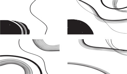 Abstract black and white graphic design featuring flowing curved lines and parallel strokes creating a dynamic and modern visual composition
