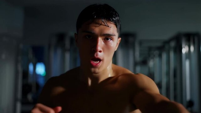 Boxer training throwing punches in the gym