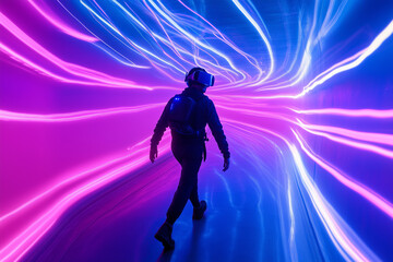 Teenager wearing VR headset navigates virtual world neon blue and pink lights creating futuristic ambiance
