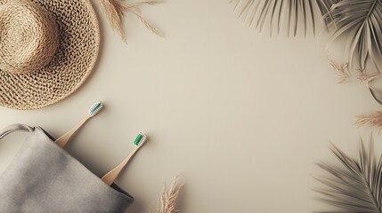 Sustainable Summer Essentials Flatlay, Straw Hat, Tote Bag, Bamboo Toothbrushes, Palm Leaves