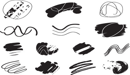 Naklejka premium A collection of twelve diverse black ink abstract brush strokes and scribbles on a clean white background representing artistic expression