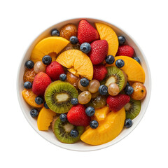 Obraz premium Fresh fruit salad with vibrant strawberries, blueberries, kiwi, grapes, and peach slices in a white bowl, ready for a healthy snack against a transparent background.