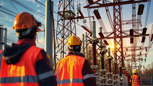 Workers in safety gear inspecting electrical power lines at sunset for maintenance and safety standards. concept of industrial work safety, engineering precision, critical infrastructure
