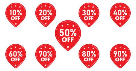 10%, 20%, 30%, 40%, 50%, 60%, 70%, 80%, 90%, Discount. Red sticker tag set discounted 10-90 percent. vector on the white background.