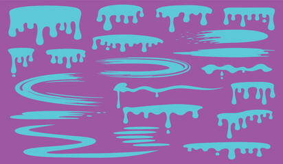 Collection of abstract light blue paint drips and brush strokes scattered across a vibrant purple background creating a playful and artistic design