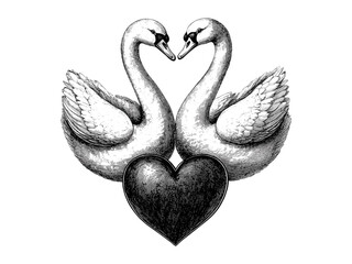 Valentine swan couple engraving, vintage heart holiday decor, romantic lovebirds black line sketch, old engraving style, graceful love motif, seasonal wedding invitation design, anniversary art,