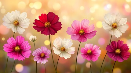 Vibrant Cosmos Flowers Blossom in Soft Golden Bokeh Background