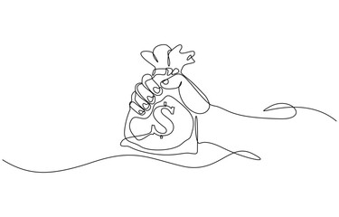 Continuous one line drawing of hand holding money bag. Money storage and investment single Line art. Vector illustration finance concept line art, outline silhouette.