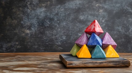 Colorful Wooden Pyramid Blocks on Rustic Table