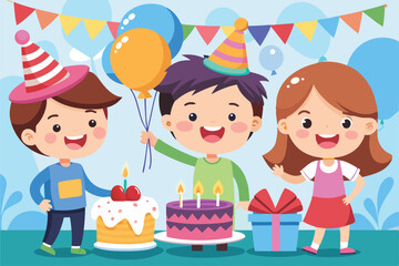 Happy Kids Birthday Party Cartoon Vector Illustration Colorful Festive Scene