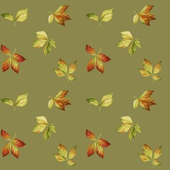 seamless pattern, autumn colorful leaves on green background