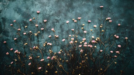 Dried Pink Flowers on Teal Textured Background Botanical Floral Art