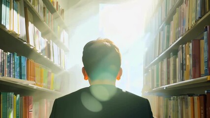 Caucasian man exploring sunlit library aisle filled with books in bookstore. concept of literature discovery, knowledge pursuit, peaceful reading, academic curiosity