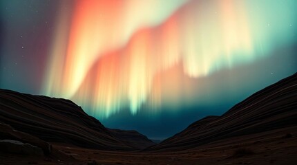 Warm terracotta and cool teal color palette depicting an adorable and cute breathtaking aurora borealis, emphasizing charming features and an earthy-cool contrast