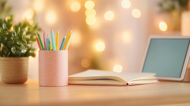 Cozy workspace with open notebook and colored pencils in pink holder.