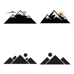Four stylized mountain range illustrations with sun and clouds