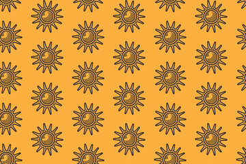 sunshine retro doodle seamless pattern on yellow background for packaging and merchandise. hand-drawn summer sun illustration motif wallpaper. bright sun summer engraving pattern background