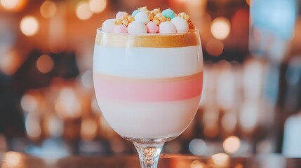 Layered Dessert in Glass, Pink, White, Gold, Candy Topping