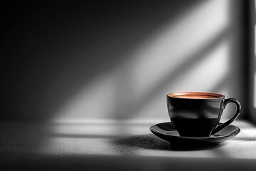 A black coffee cup sits on a table, with the shadow of window light casting across it