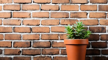 Succulent Plant in Terracotta Pot Against Brick Wall