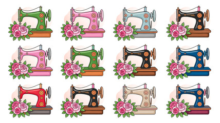 A set of 12 vintage sewing machine illustrations arranged in a 3x4 grid. Each sewing machine is decorated with a floral arrangement featuring pink and red roses with green leaves .