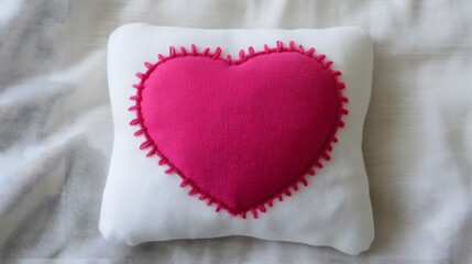 Handmade Pink Heart Pillow on White Fabric Romantic Decor