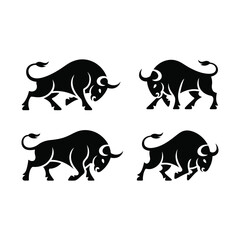 Fototapeta premium Silhouetted black bull logos in various poses set against a clean white background for branding