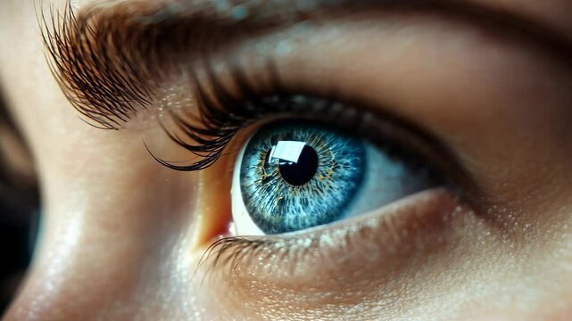 Close-up of a blue female eye with perfectly lifted and shaped lashes after lamination treatment in a beauty salon.