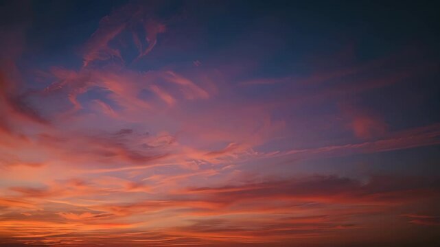 Magnificent sky at sunset painted in vibrant hues of orange, pink, and purple, with soft clouds drifting across the glowing horizon, creating a serene and breathtaking view of nature&rsquo;s evening beauty