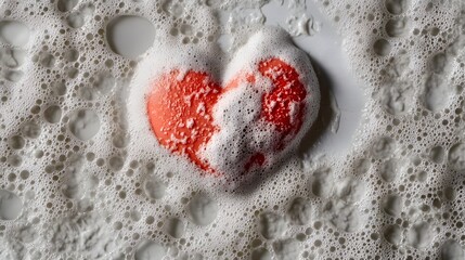 Red Heart Shaped Soap in White Foam Bubbles