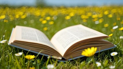 In a beautiful meadow under clear blue skies, an open book rests on the vibrant green grass surrounded by blooming daisies. Nature and literature harmonize perfectly