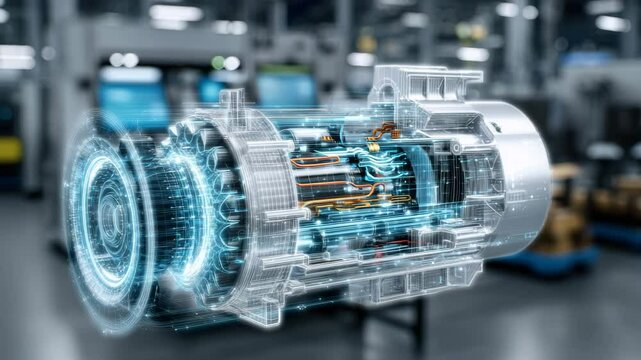 This clip features a groundbreaking electric motor with transparent overlays, demonstrating its internal components and innovative design in a high-tech manufacturing environment