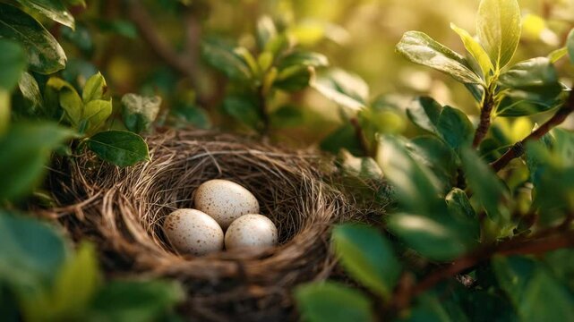 A nest made of twigs and grass holds three speckled eggs, surrounded by vibrant green leaves under warm sunlight in a tranquil outdoor area. The scene invites calmness and nature appreciation