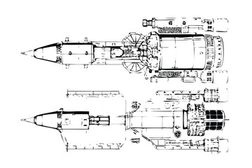Cold War Rocket Blueprint in Stipple Ink Style. Vintage Two-Stage Missile Technical Drawing. Aerospace Manual Engraving
