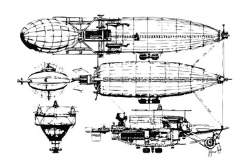 Obraz premium Steampunk Airship Blueprint in Stipple Ink Style. Fictional Dirigible Technical Drawing. Vintage Mechanical Engravin