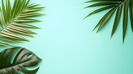 Tropical Palm Leaves Monstera Plant Flat Lay Mint Background