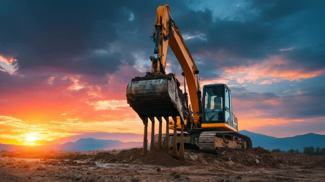 Heavy machinery operates in a stunning landscape near sunset, showcasing an excavator digging into the earth as vibrant colors light up the sky in the background