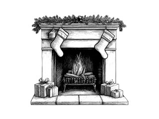 Hand-drawn vintage Christmas fireplace mantle with stockings, retro festive decor sketch, engraved seasonal artwork, classic holiday home icon, old engraving style winter theme